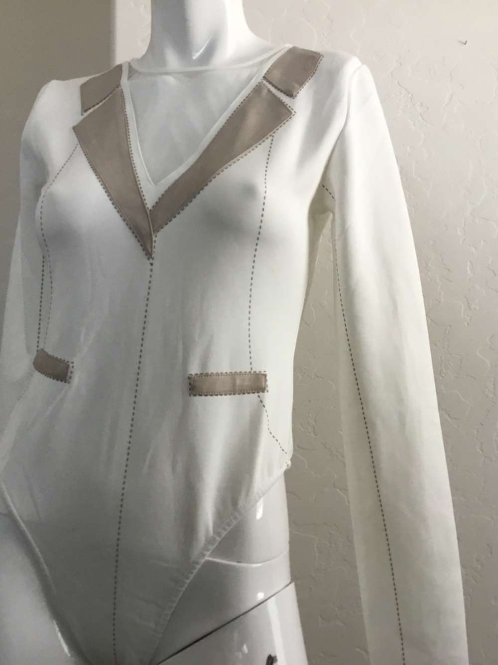 Maniere De Voir White and Beige Long Sleeve V-Neck Bodysuit